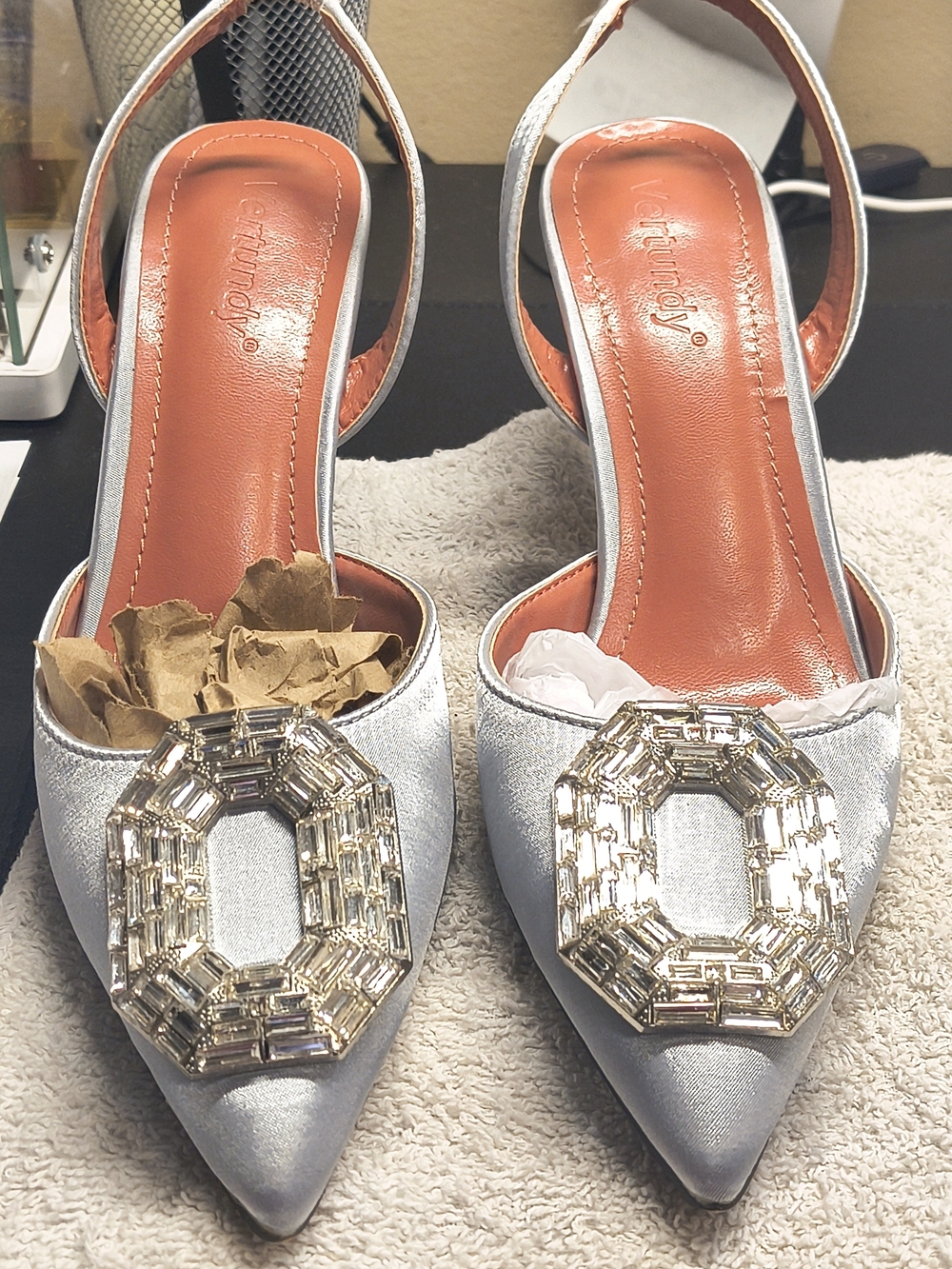 Qupid Silver Satin Rhinestone Slingback Heels Women’s Pointed Toe Pumps